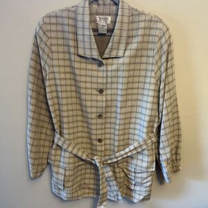 Talbots Linen Blend Belted Plaid Blazer: 5 Buttons Fully Lined Front Pockets 14P